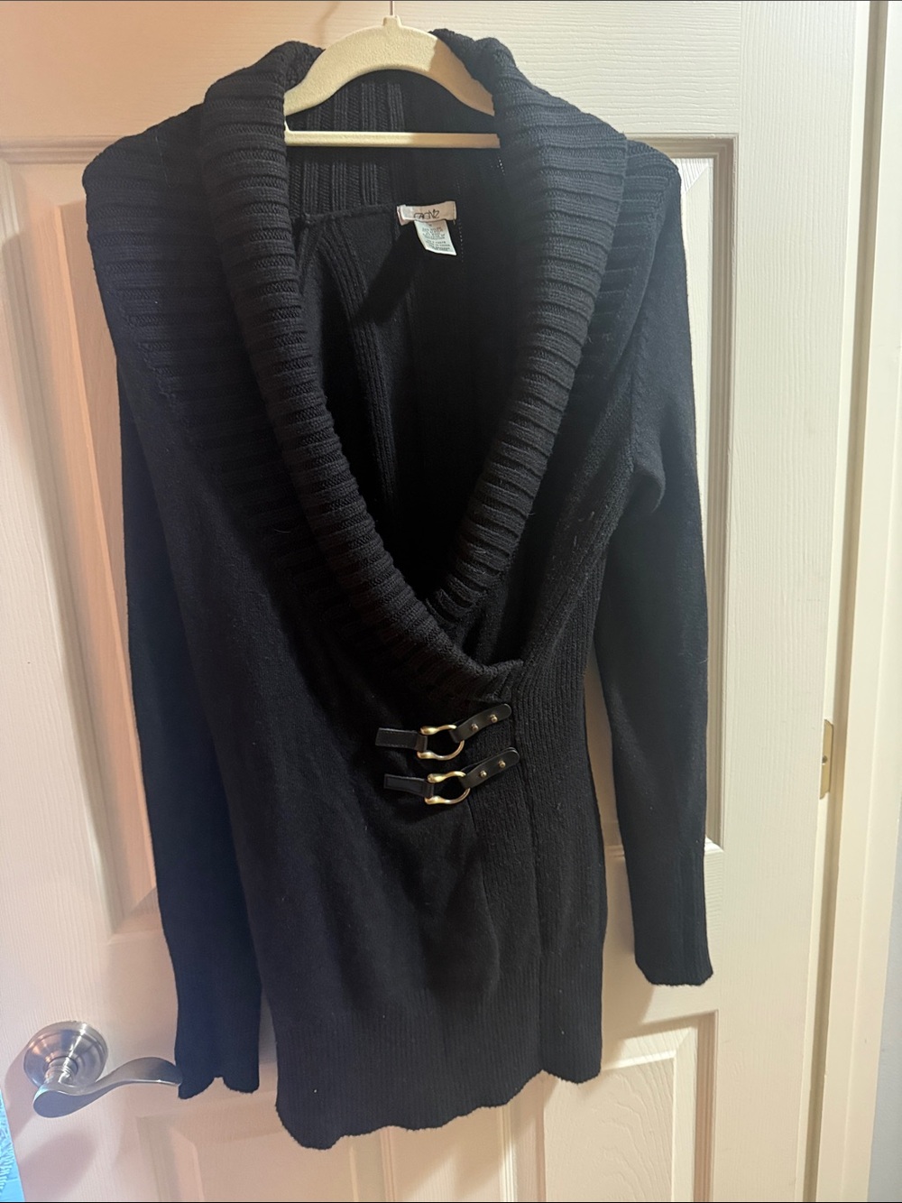 Cache Black Shawl Collar Cardigan with Buckle Accents